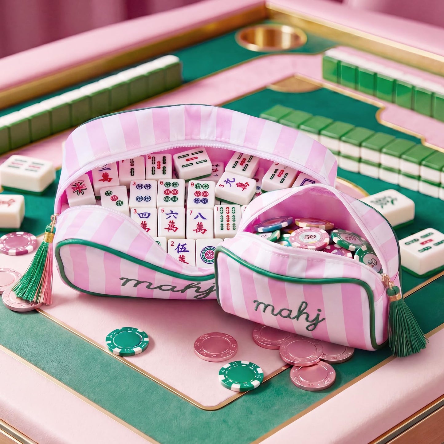 Eccentfit 2 Pack Mahjong Dice Pouch and Mahjong Tiles Bag with MAHJ Embroidery, Premium Club Member Gift & Tournament Prize Organizer- [Pink] Travel