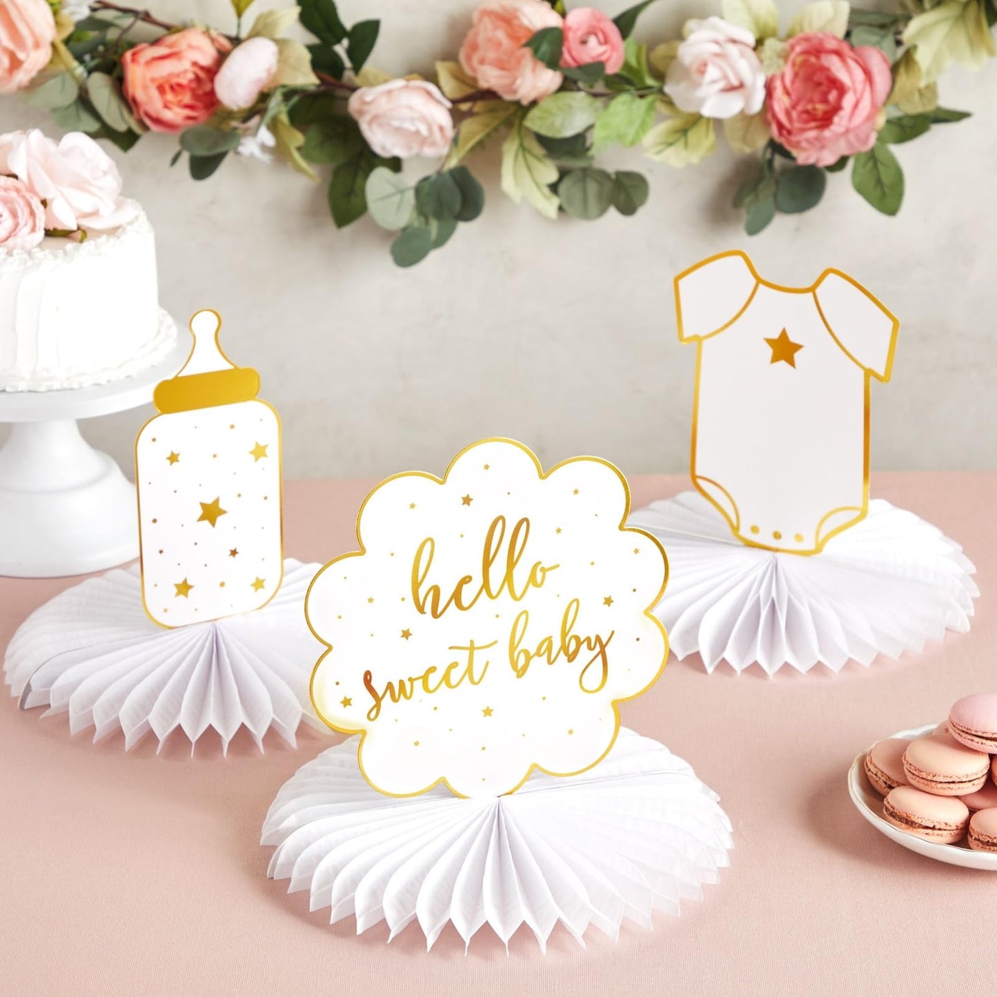 Sparkle and Bash Baby Shower Decorations & Centerpieces - 12-Piece White & Gold Honeycomb Paper Set - Gender Neutral Table Toppers & Table Top Decor