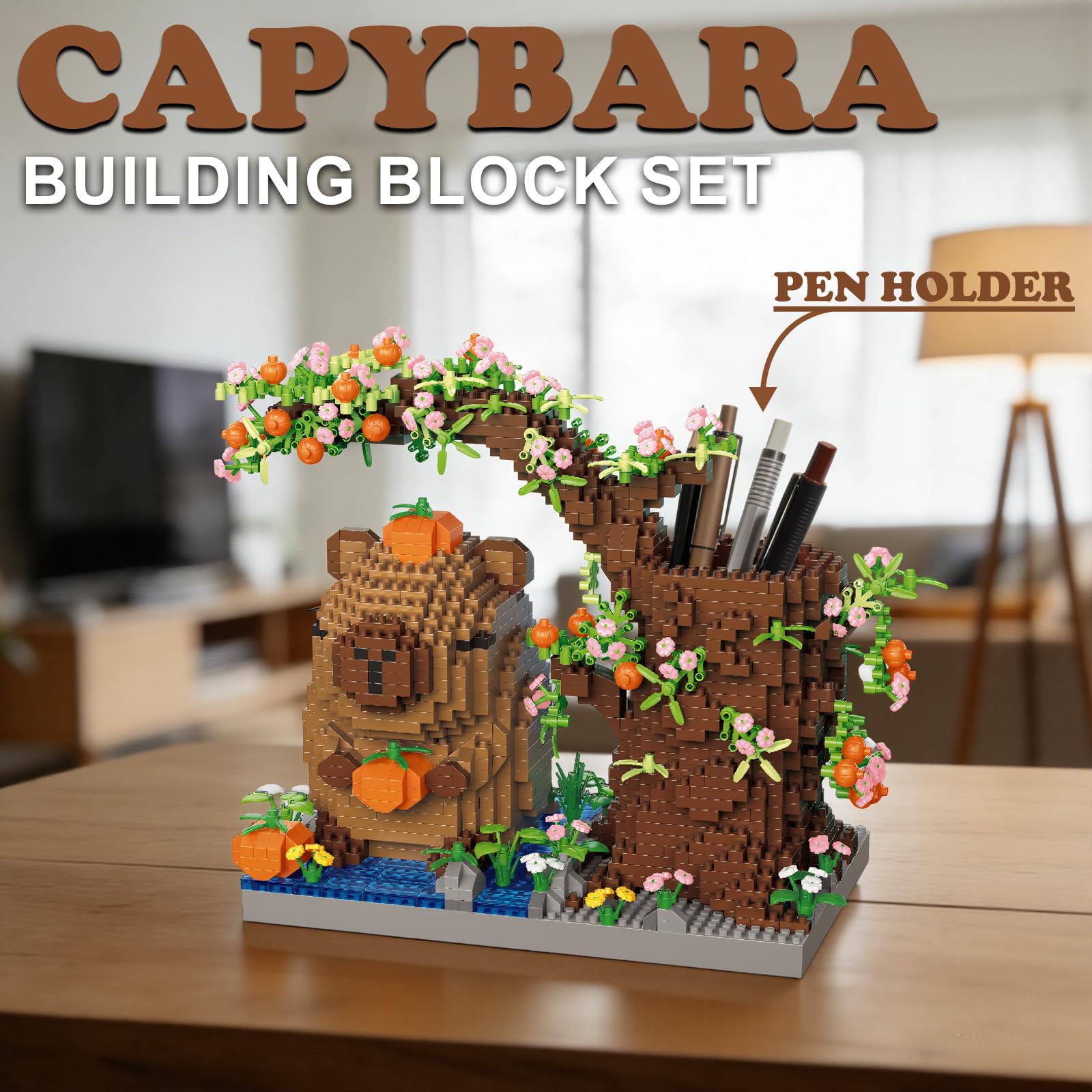 JYLWSMHU Capybara Building Block Set 1880 Pcs Animal Desk Pen Holder Model Kit for Adults & Teens Cute Stationary Organizer Home Office Decor Display