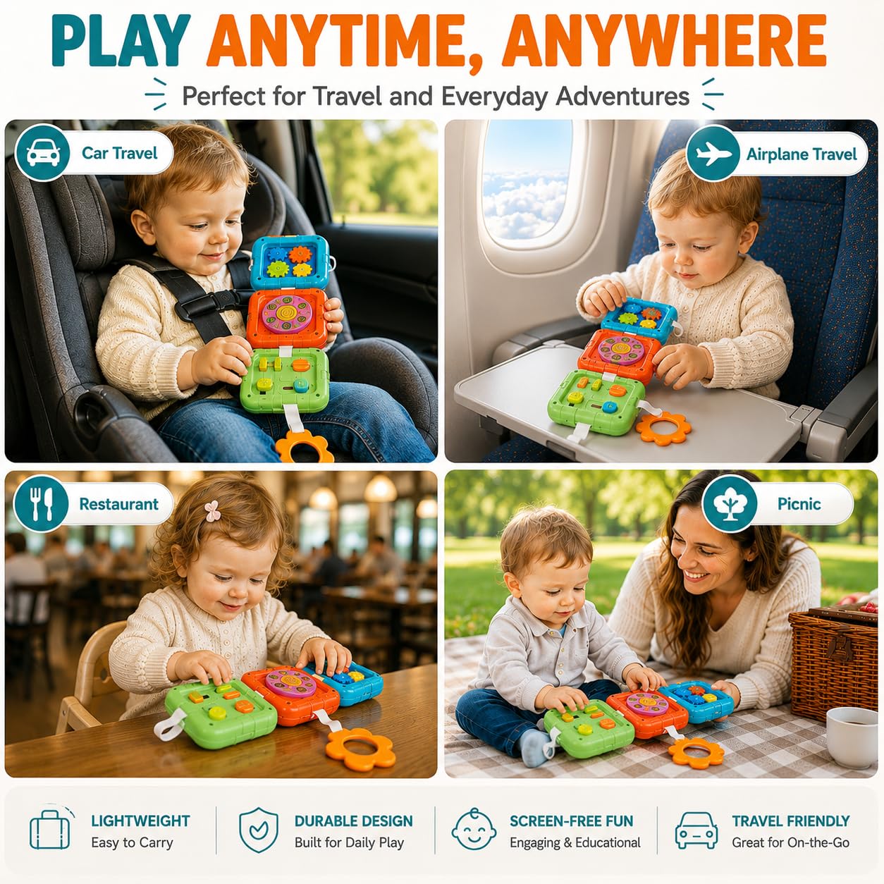 Koknwoa 6-in-1 Montessori Busy Board for Toddlers 1-3, Sensory Activity Board with Fine Motor Skills Toys, Portable Travel Toy, Educational Learning