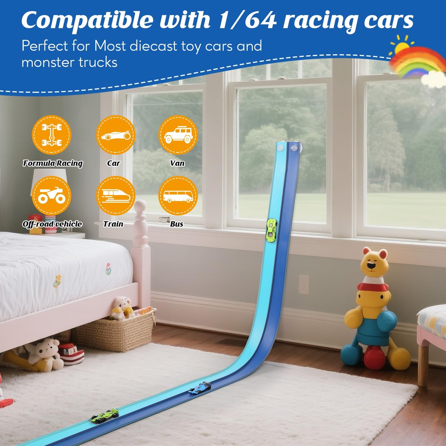 Flexible Race Car Track 15 Ft Starter Set with Suction Cups Compatible with Diecast 1/64th Car for Ages 3 & Up Classic Long Rolls Up Portable