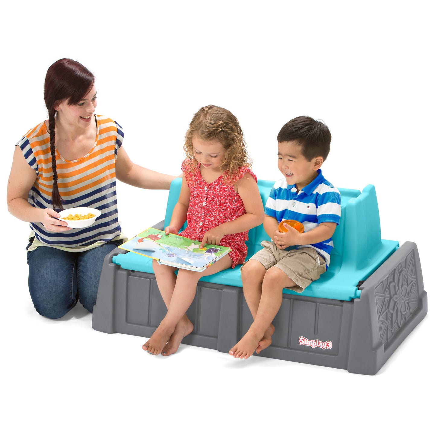 Simplay3 Sand and Water Kids Bench, 2-in-1 Sand and Water Table with Outdoor Storage Bench, Gray and Teal