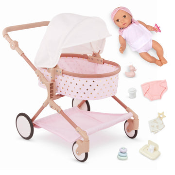 LullaBaby - 14-Inch Doll & Twin Stroller Accessories Set - Foldable Canopy & Storage Basket - Pink & Golden Stars Design - Pretend Play 2+ Years- Doll
