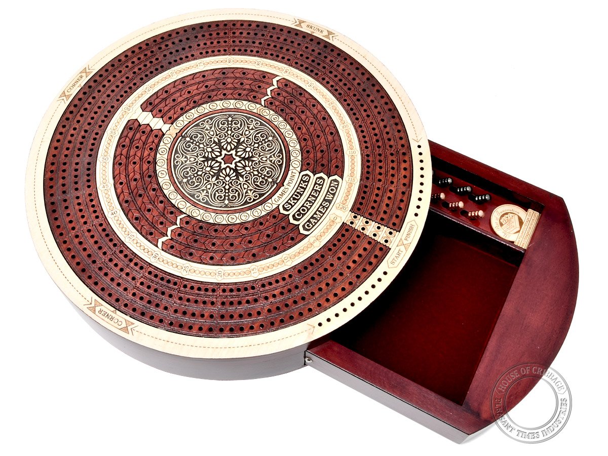 House of Cribbage - Round Shape 4 Tracks Continuous Cribbage Board Maple/Bloodwood with Push Drawer & Place for Skunks, Corners & Won Games