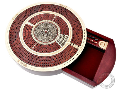 House of Cribbage - Round Shape 4 Tracks Continuous Cribbage Board Maple/Bloodwood with Push Drawer & Place for Skunks, Corners & Won Games