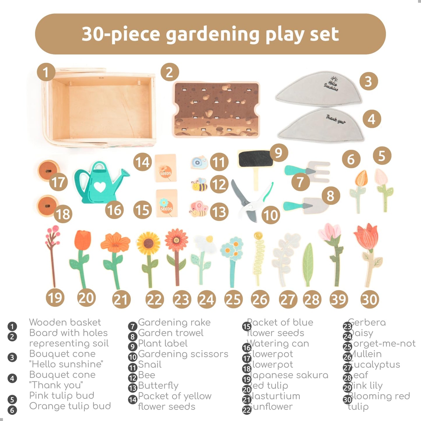 umu® Wooden Garden Play Set - 30 Pcs Kids Gardening Toy with Watering Can Shovel Rake Basket & Accessories - Outdoor Pretend Play Tool Set for Boys