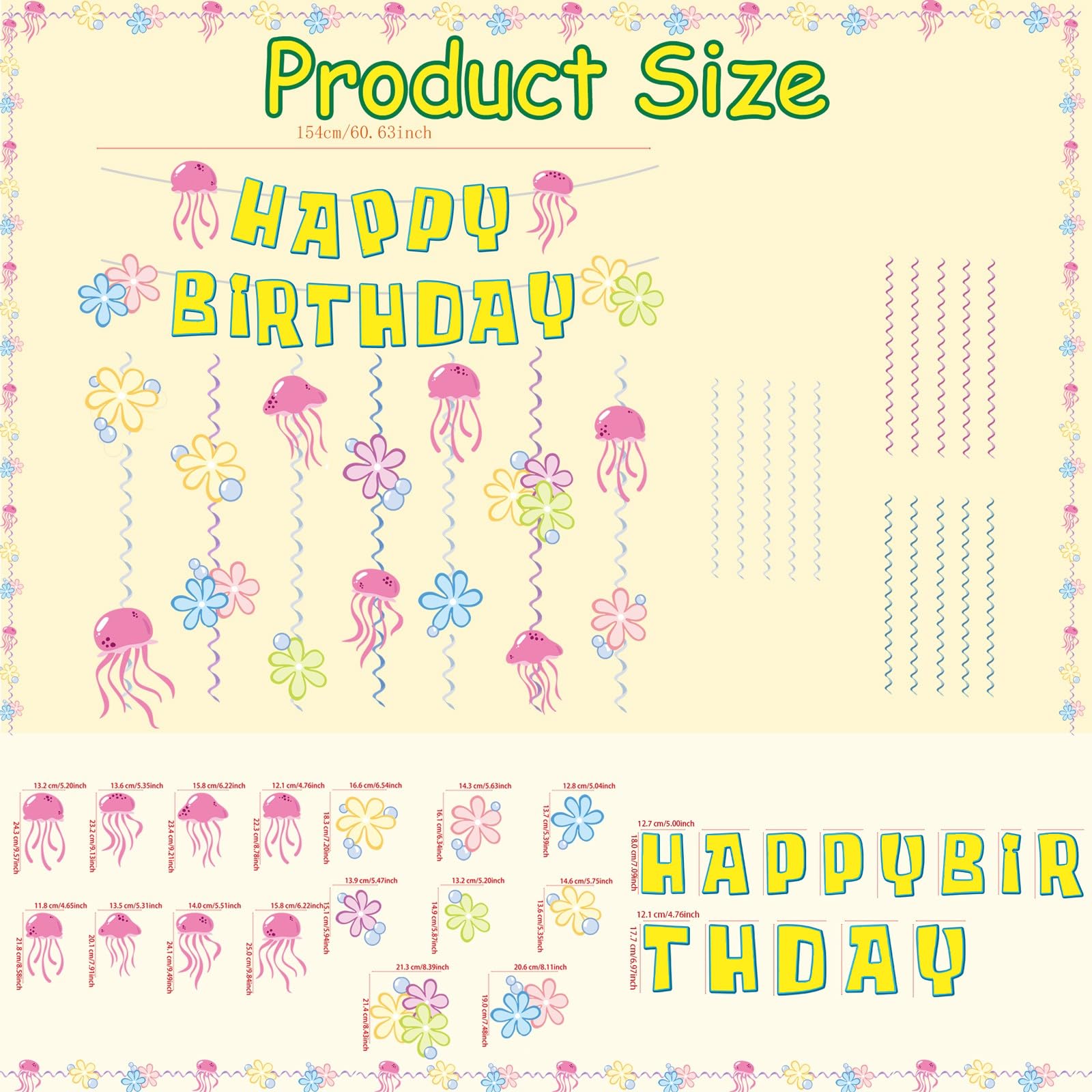 Ocean Carton Happy Birthday Banner Under The Sea Jelly Fish Hanging Swirls Garlands Sea Animals Hanging Banner for Birthday Party Decorations Supplies