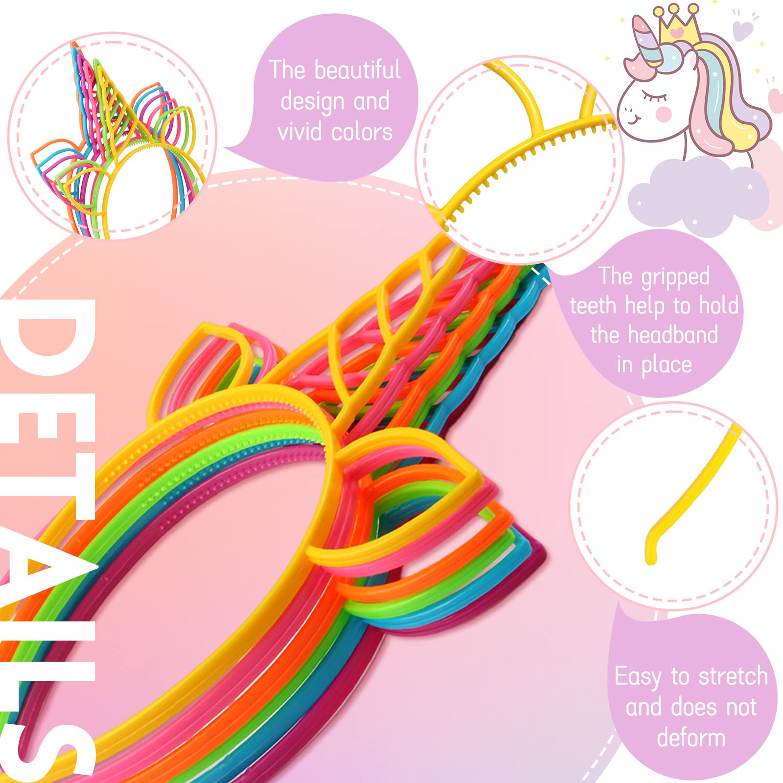 Zddaoole 24 Pcs Unicorn Headbands Unicorn Birthday Party Favors,Plastic Hairbands for Girls,Headware Accessories for Party Supplies Gift,Teens