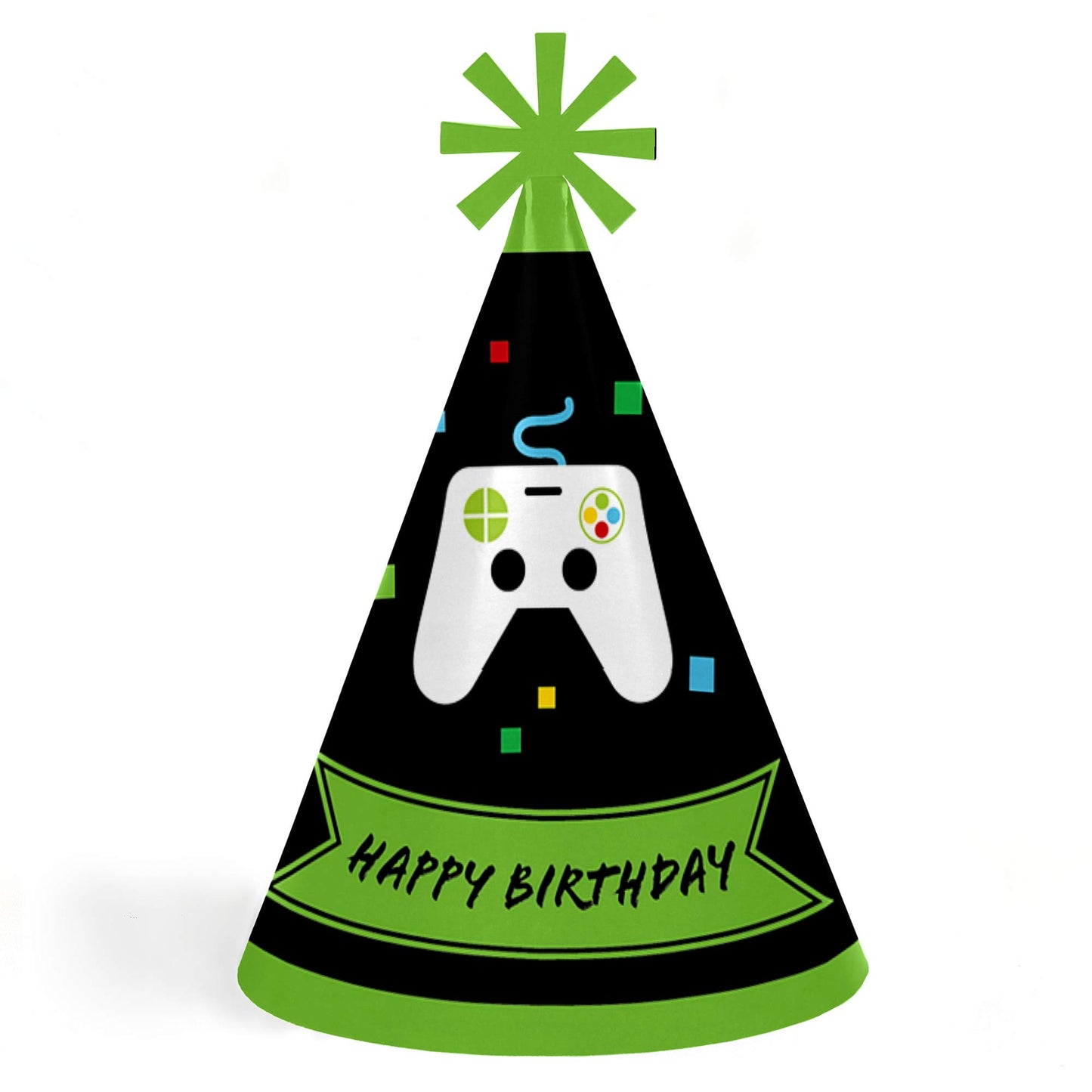 Big Dot of Happiness Video Game - Pixel Game Zone Cone Happy Birthday Party Hats for Kids and Adults - Set of 8 (Standard Size)