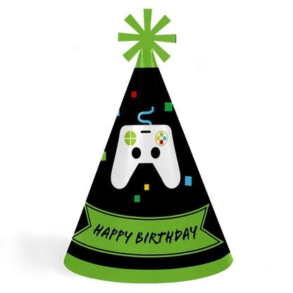Big Dot of Happiness Video Game - Pixel Game Zone Cone Happy Birthday Party Hats for Kids and Adults - Set of 8 (Standard Size)