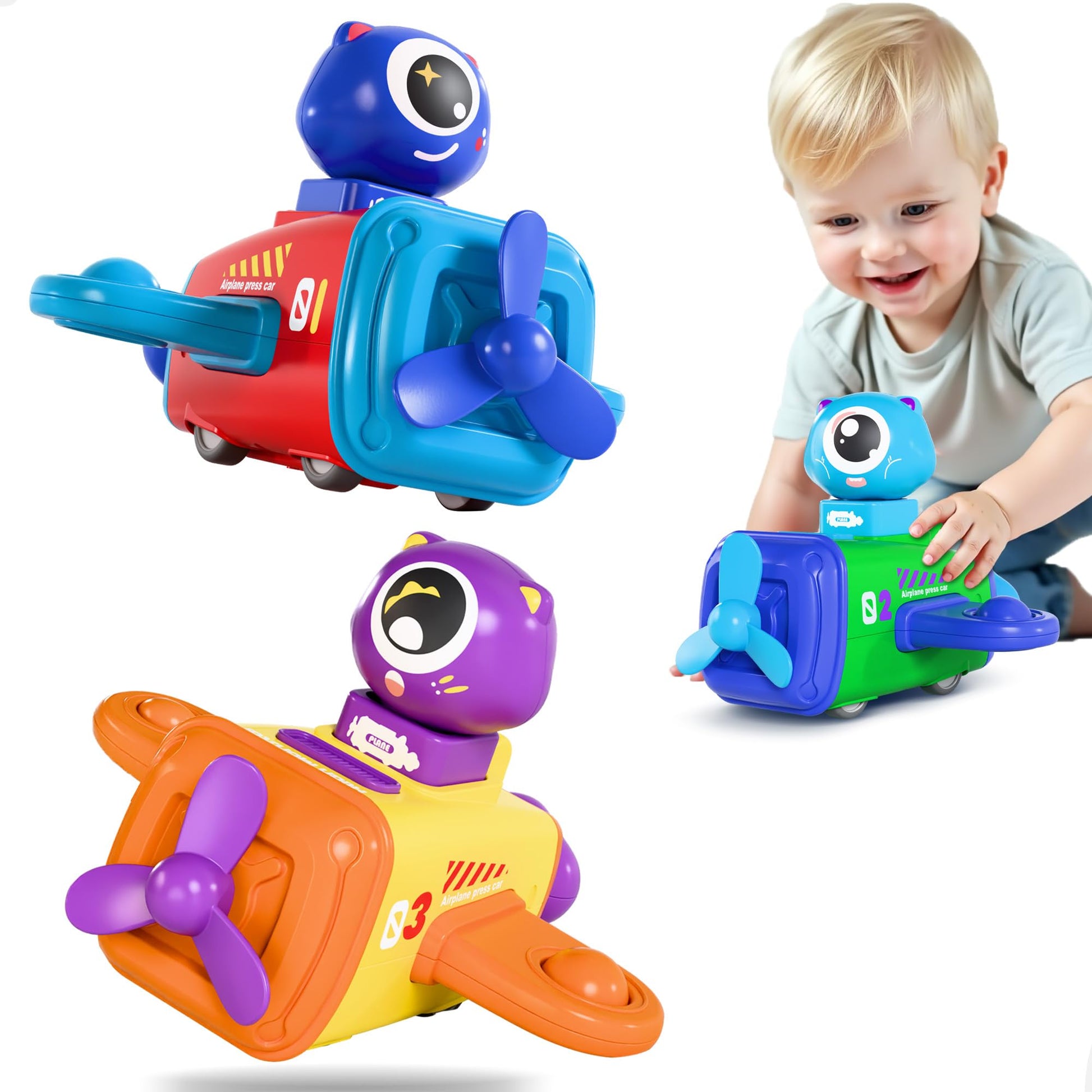 iPlay, iLearn Press to Go Car Toys for Toddlers 1-3, Baby Airplane Race Cars, Infant Push Go Play Vehicle Set, Boys Pull Back Friction Car