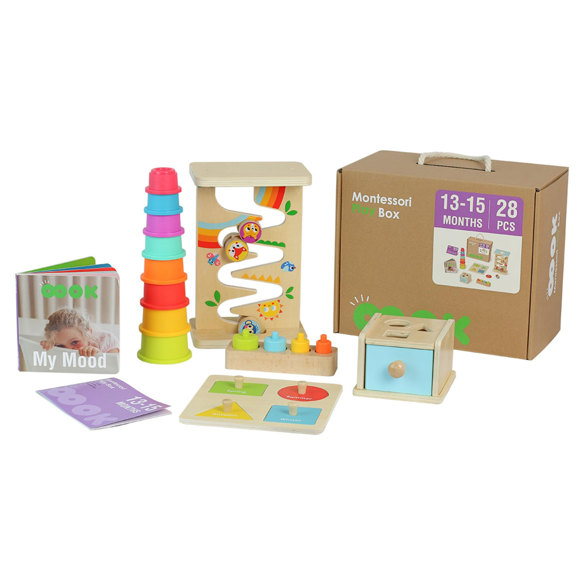 Baby Academy Montessori Play Box for 13-18 Month Toddlers - 28 Piece Wooden Educational Toy Set with Stacking Cups, Shape Sorter & Sensory Activities