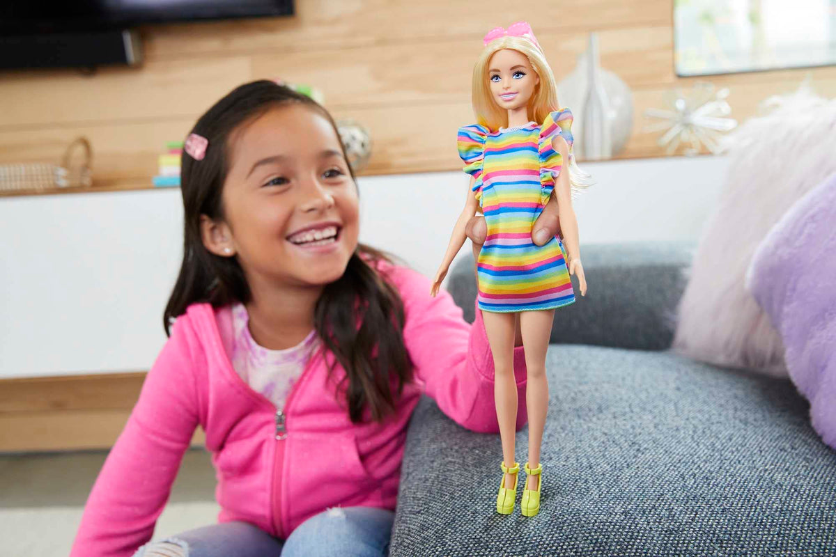 Barbie Fashionistas Doll #197 with Blonde Hair & Braces Wearing Rainbow Tiered Dress & Accessories Including Platform Shoes & Sunglasses