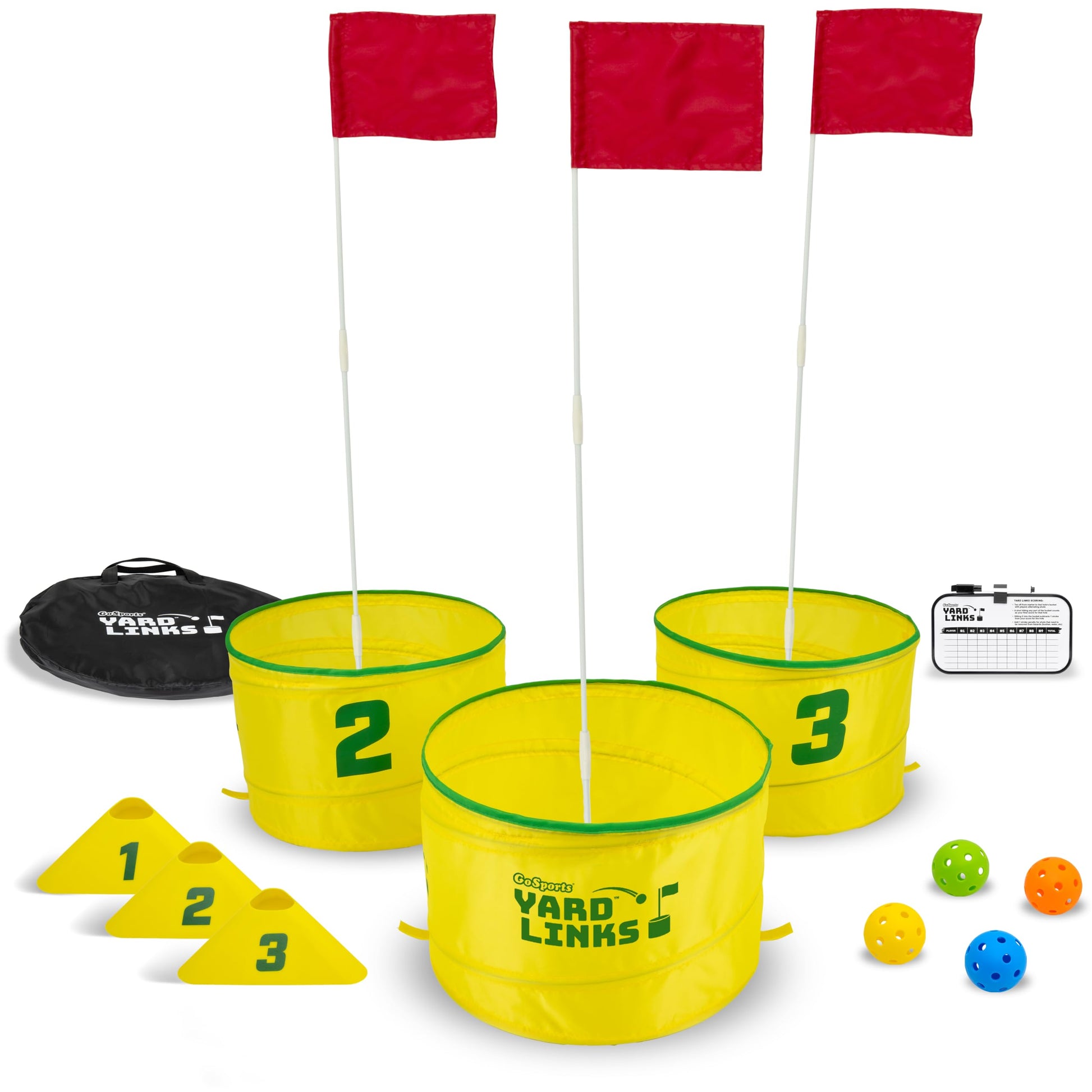 GoSports Yard Links Backyard Golf Game - Outdoor Chipping Style Game Set with 3 Buckets, 3 Flags, 3 Tee Markers, 4 Golf Balls, Scorecard and Carry