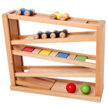 Wooden Ramp Racer for Toddlers 1-3, Wooden Race Track Toy with 3 Wood Cars and 2 Balls, 5-Level Zig Zag Car Ramp Racer, Montessori Learning Toys for 1