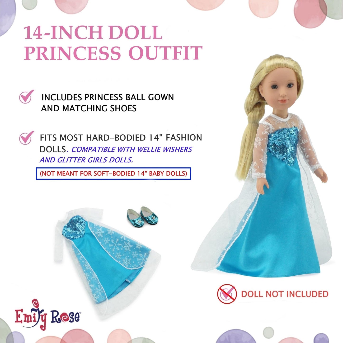 Emily Rose 14" Doll Ice Princess Dress Costume Set - Sparkly Snowflake Shoes Included | Fits 14-14.5" Hard Body Dolls | USA Brand | Doll NOT Included