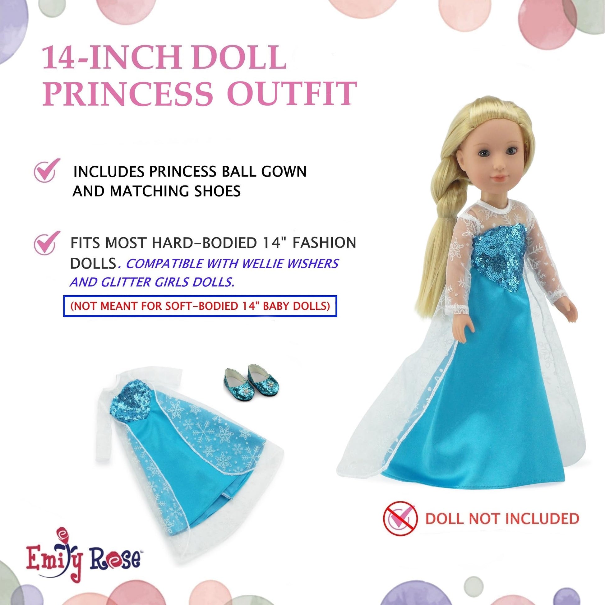 Emily Rose 14" Doll Ice Princess Dress Costume Set - Sparkly Snowflake Shoes Included | Fits 14-14.5" Hard Body Dolls | USA Brand | Doll NOT Included