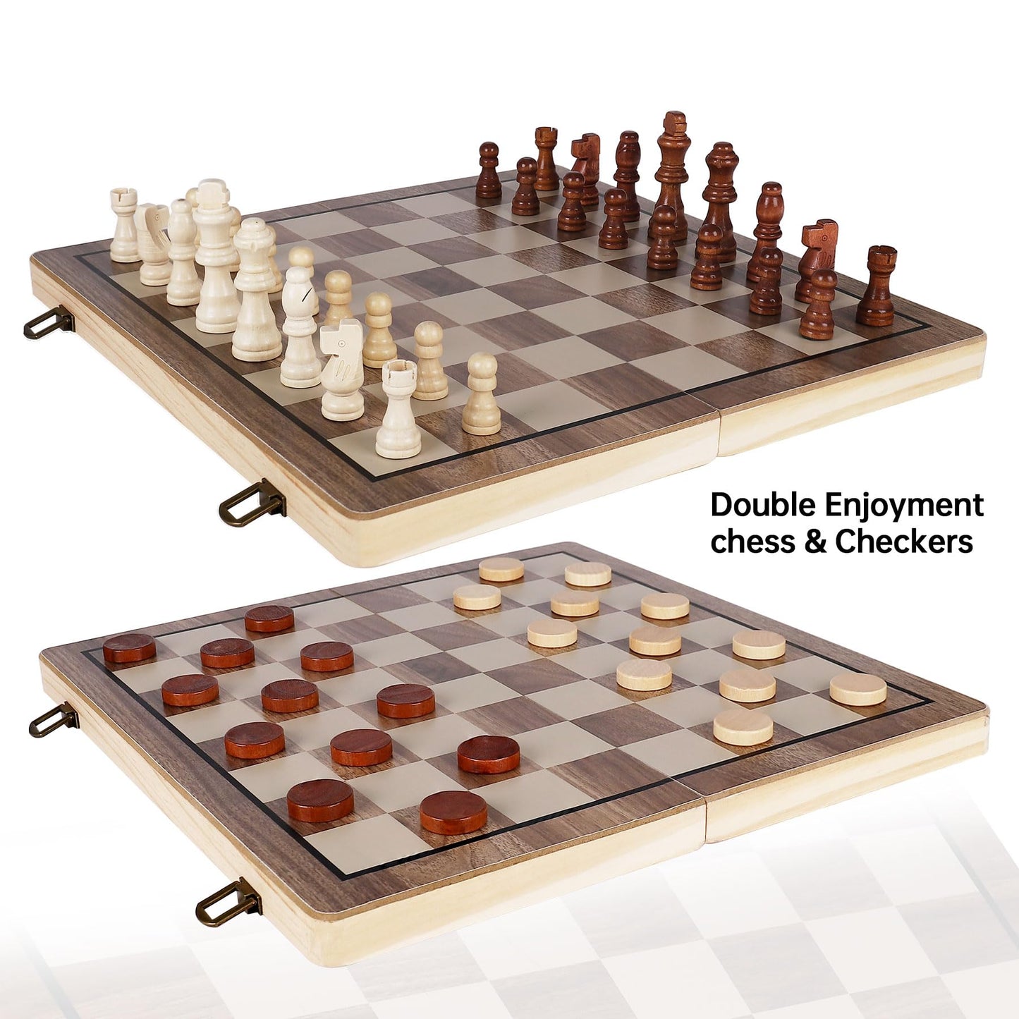 Demiwise 15 Inch Wooden Chess Sets,Chess & Checkers Set with 2 Extra Queens,Foldable Wooden Chess Set Board for Adults,Handmade Portable Chess Board