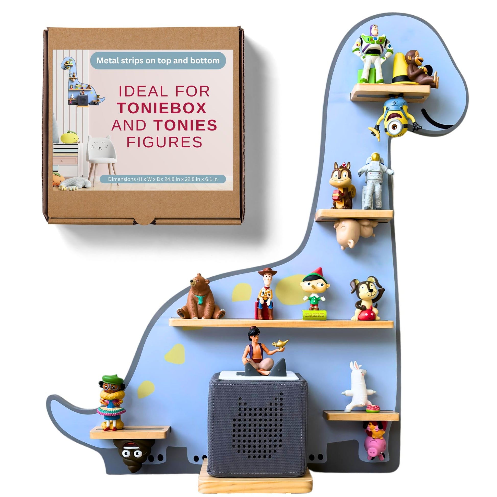 BigStep Tonie Shelf for Toniebox - Large Dinosaur Tonie Shelf, Dual Magnetic Strips Top & Bottom, Wall Mount or Free Standing, Holds 18+ Tonie