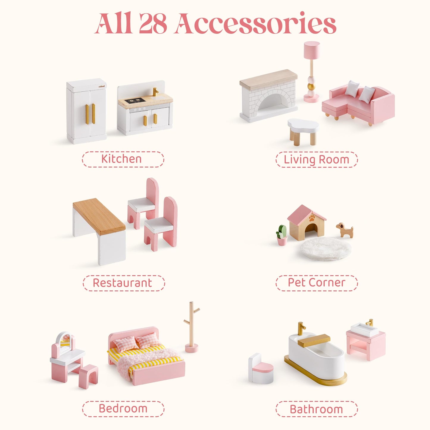 ROBUD Wooden Dollhouse Furniture Set, 28 Pcs Doll House Accessories, Miniature Furniture Including 6 Room Kits, Pretend Play Toys, Gift for Boys