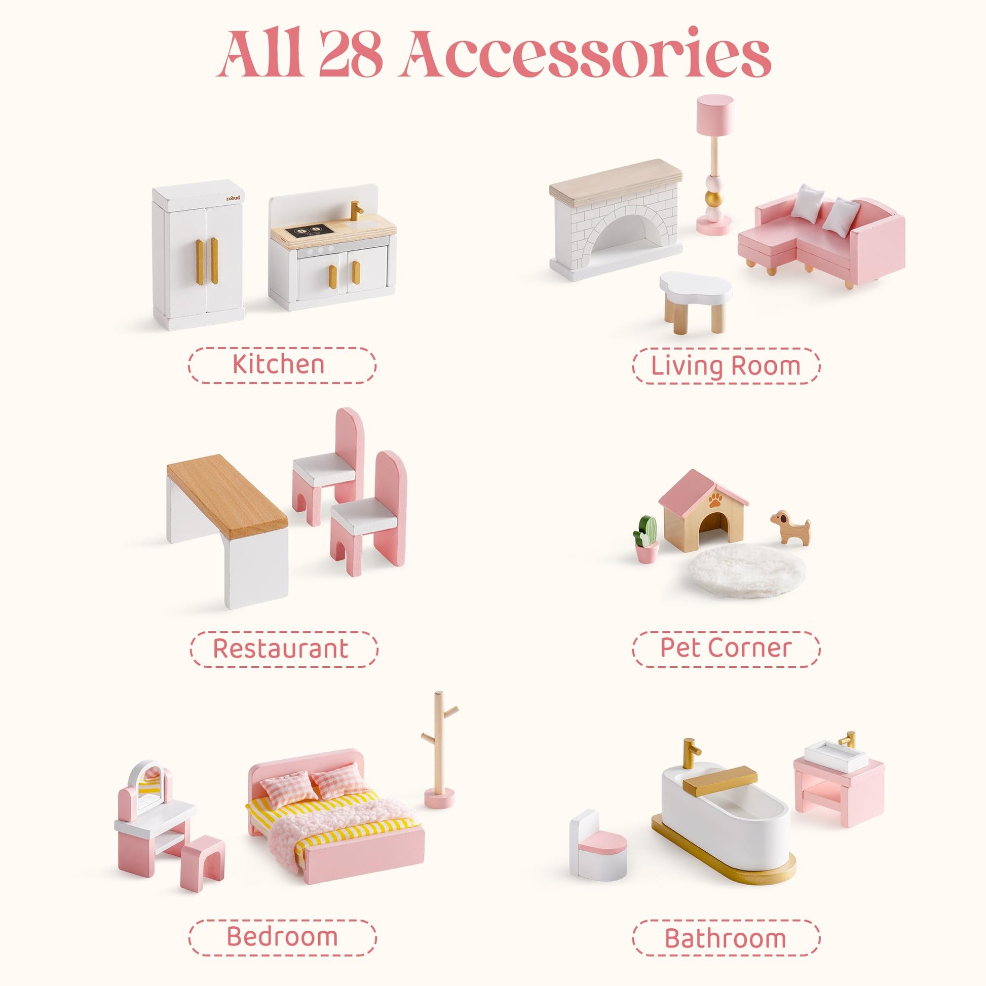 ROBUD Wooden Dollhouse Furniture Set, 28 Pcs Doll House Accessories, Miniature Furniture Including 6 Room Kits, Pretend Play Toys, Gift for Boys