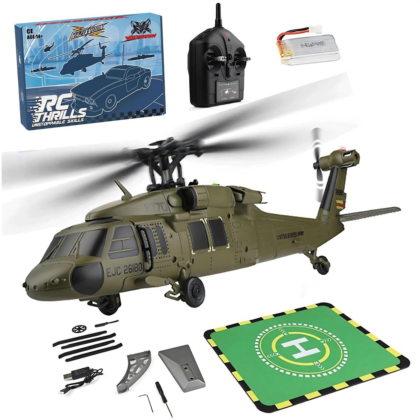 Razordon WL K170 BK Hawk RC Helicopter, 2.4G 4CH Flybarless 6-Axis Gyroscope Altitude Hovering RC Military Helicopter with Display Stand and Apron