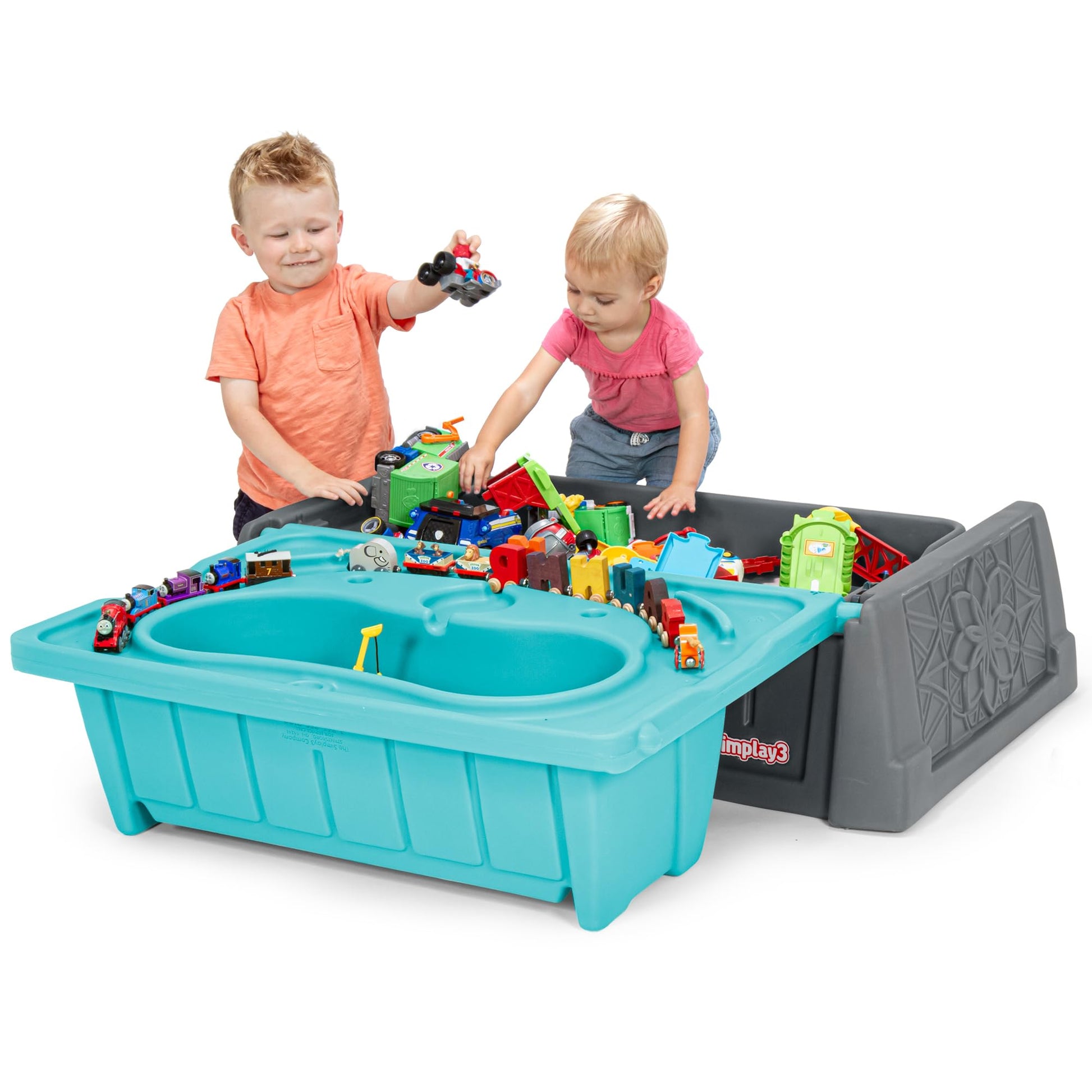 Simplay3 Sand and Water Kids Bench, 2-in-1 Sand and Water Table with Outdoor Storage Bench, Gray and Teal