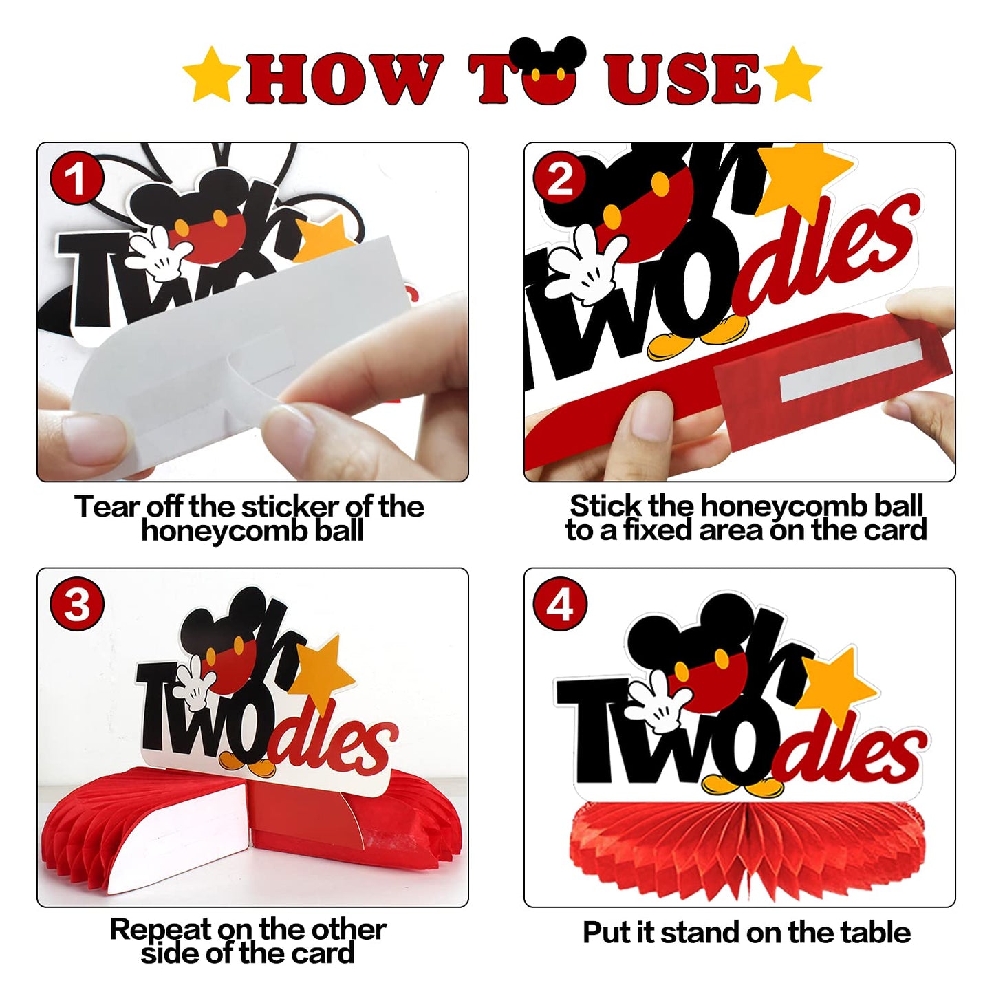 LINGTEER Oh Twodles Birthday Table Honeycomb Centerpieces - Cheers to Boys 2nd Birthday Kids Two Years Old Mouse Themed Bday Party Decorations Sign.
