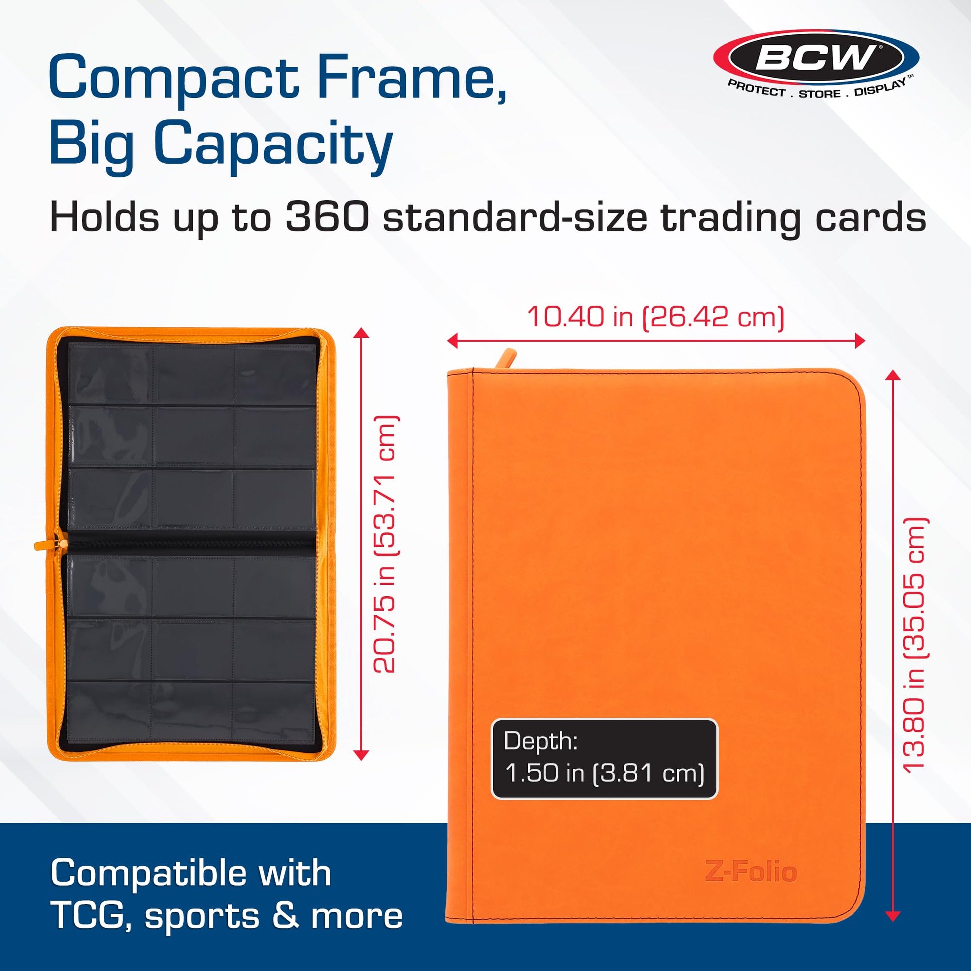 BCW Z-Folio 9-Pocket LX Album - Orange | Secure Zipper Card Organizer | Premium Leatherette Card Collection Binder | Trading Card Binder for Pokemon