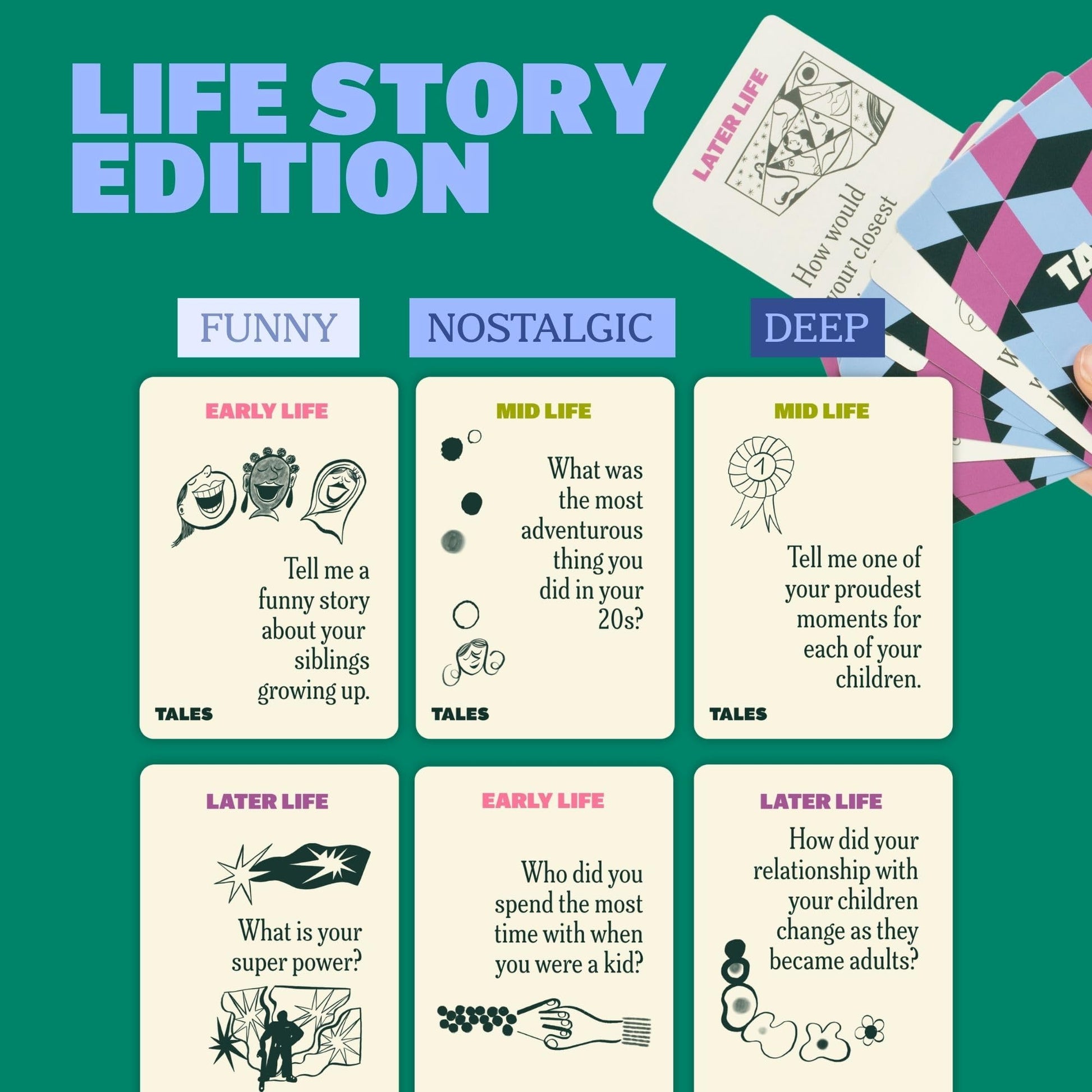 TALES 150 Life Story Interview Kit, Conversation Cards, for Grandparents, Parents, Families, Adults, Game Night, Road Trips, Dinner Table, Getting