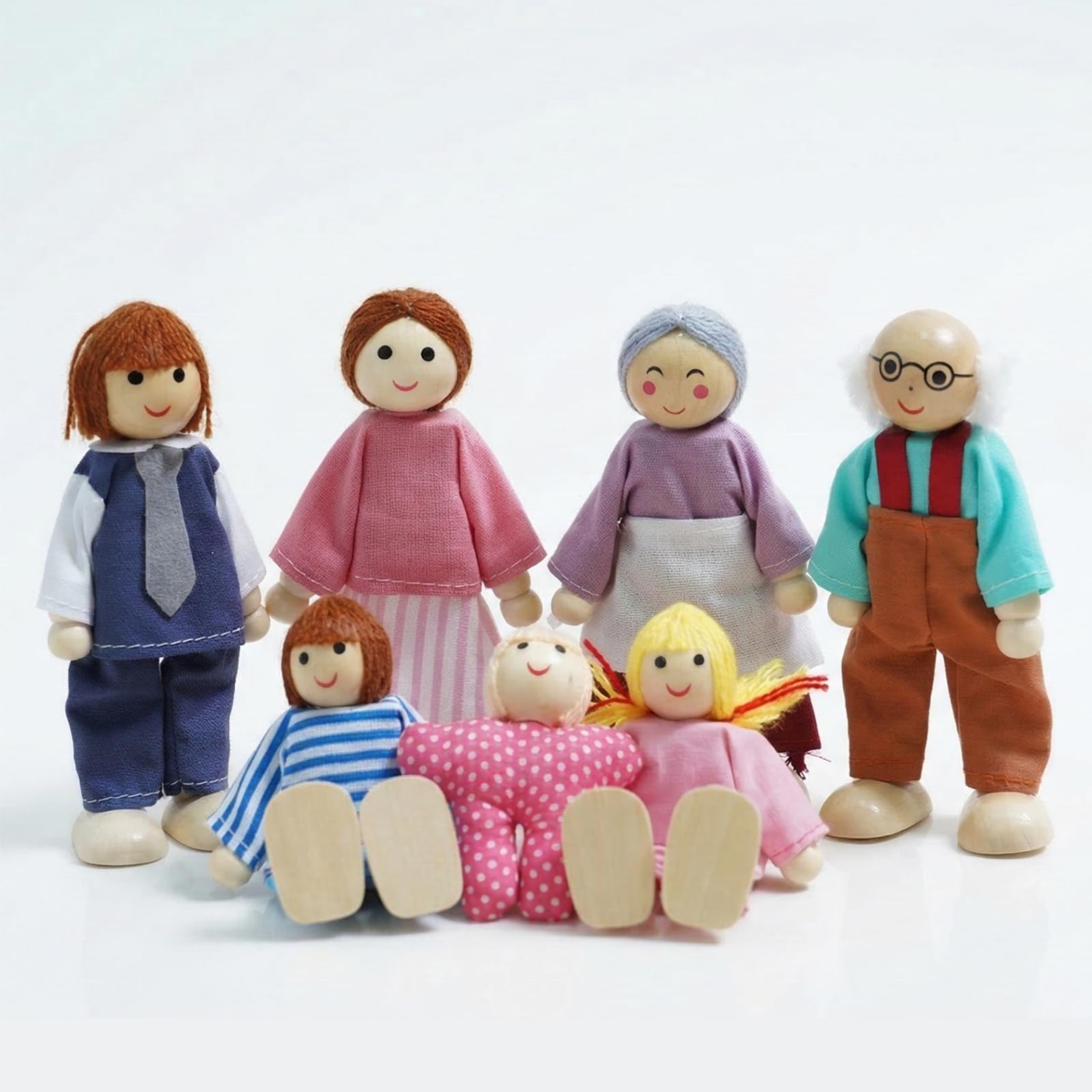 Sing2sky 7PCS Wooden Dollhouse Dolls for Playing House Gifts for Children, Wood, Articulated Pretend Play Figures, Smooth Splinter-Free Wood