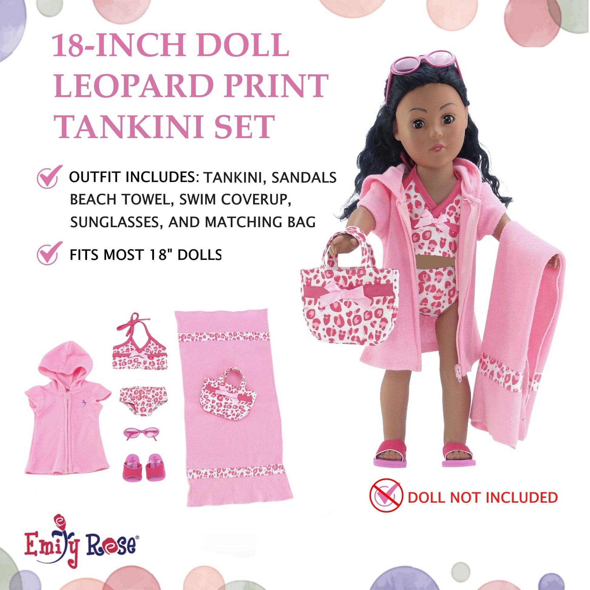 Emily Rose 18 Inch Doll Bathing Suit Set - 7 Piece Tankini Swimsuit Outfit with Hooded Coverup, Towel, Sunglasses, Sandals & Tote Bag - Doll NOT