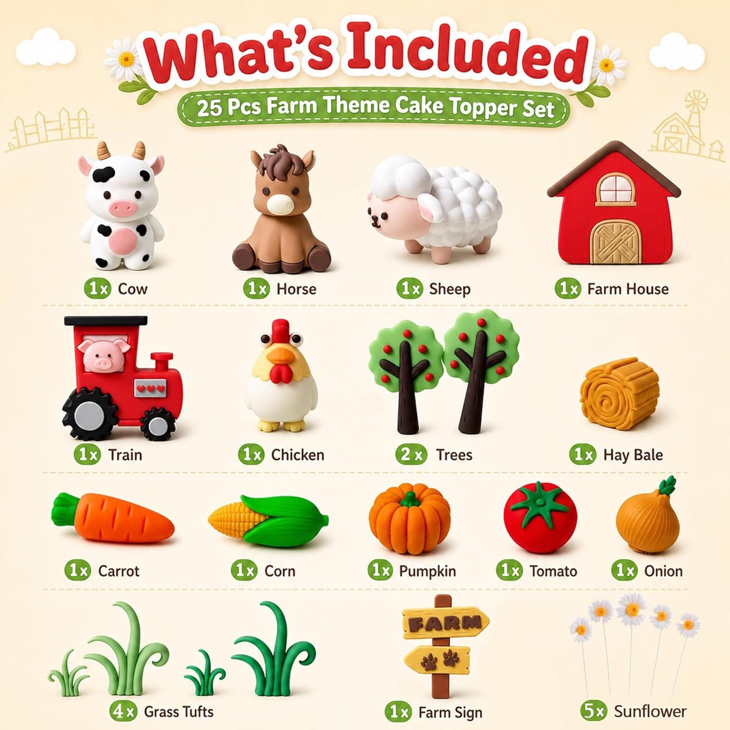 24 Pcs Farm Animal Cake Topper Set, Birthday Cake Decorations, Complete Farm Theme Cake Decorating Kit for Kids Birthday Party, Farm Party Decorations