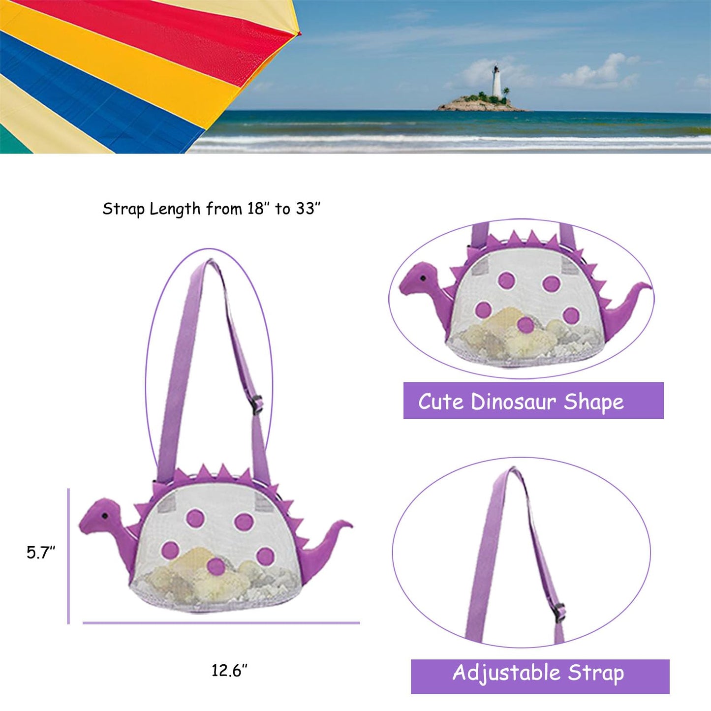 AUONY Beach Toy Mesh Beach Bag Kids Shell Bag Dinosaur Beach Sand Toy Totes for Holding Shells Beach Toys Sand Toys Swimming Accessories for Boys