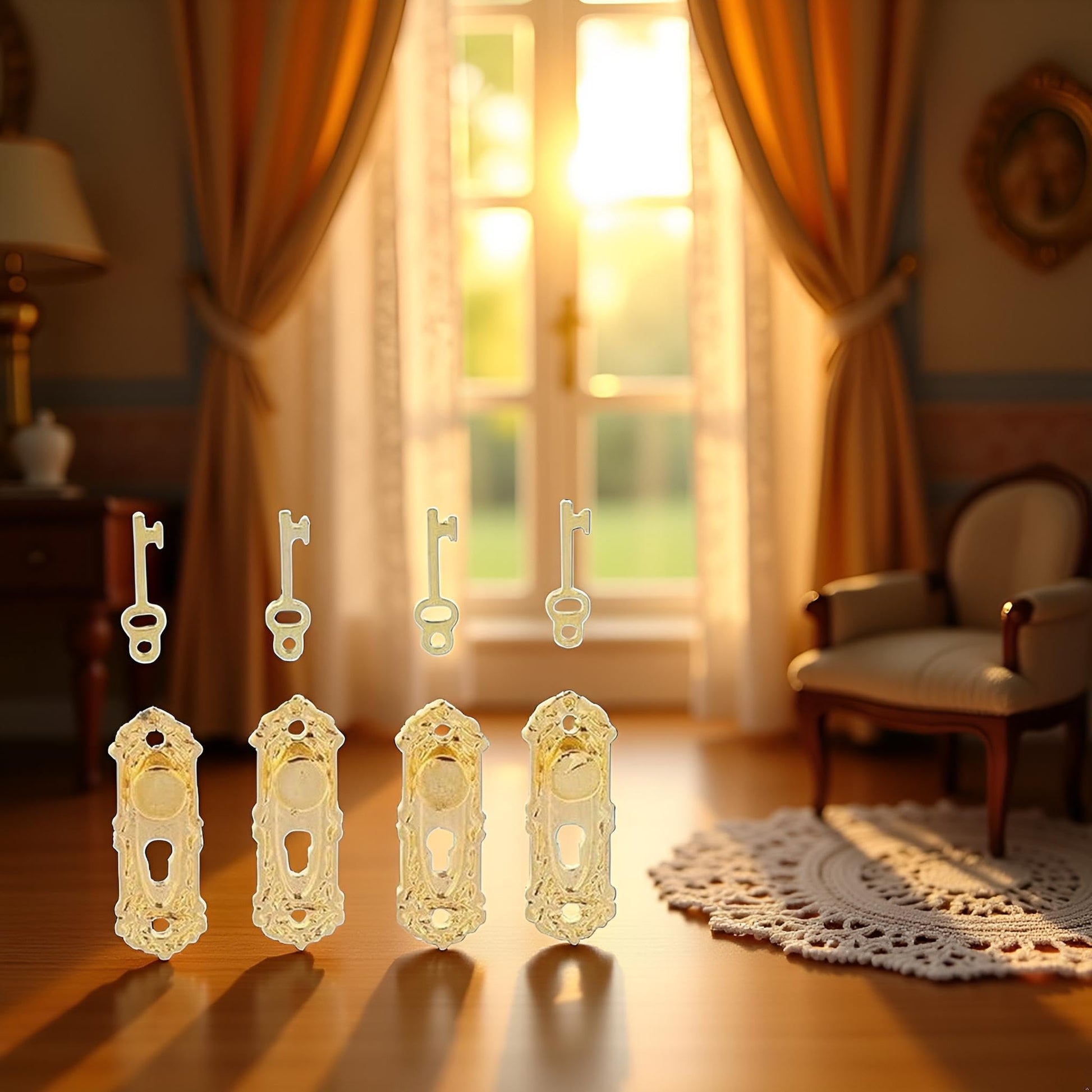 4 Set Gold 1/12 Miniature Door Knob Lock and Key Dollhouse Decoration Accessories, Dollhouse Accessories, Dollhouse Decor