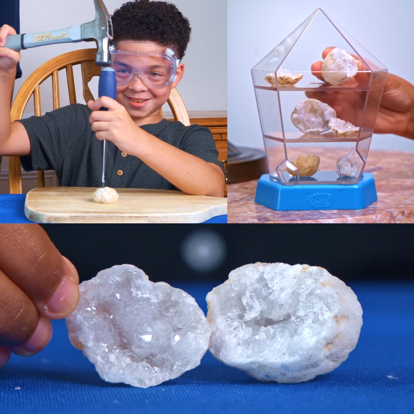 Wow in The World - 10 Real Break-Open Crystal Geodes with Display Case - Bonus Goggles & Magnifying Glass, Companion Audio Content, STEM Toy for Boys