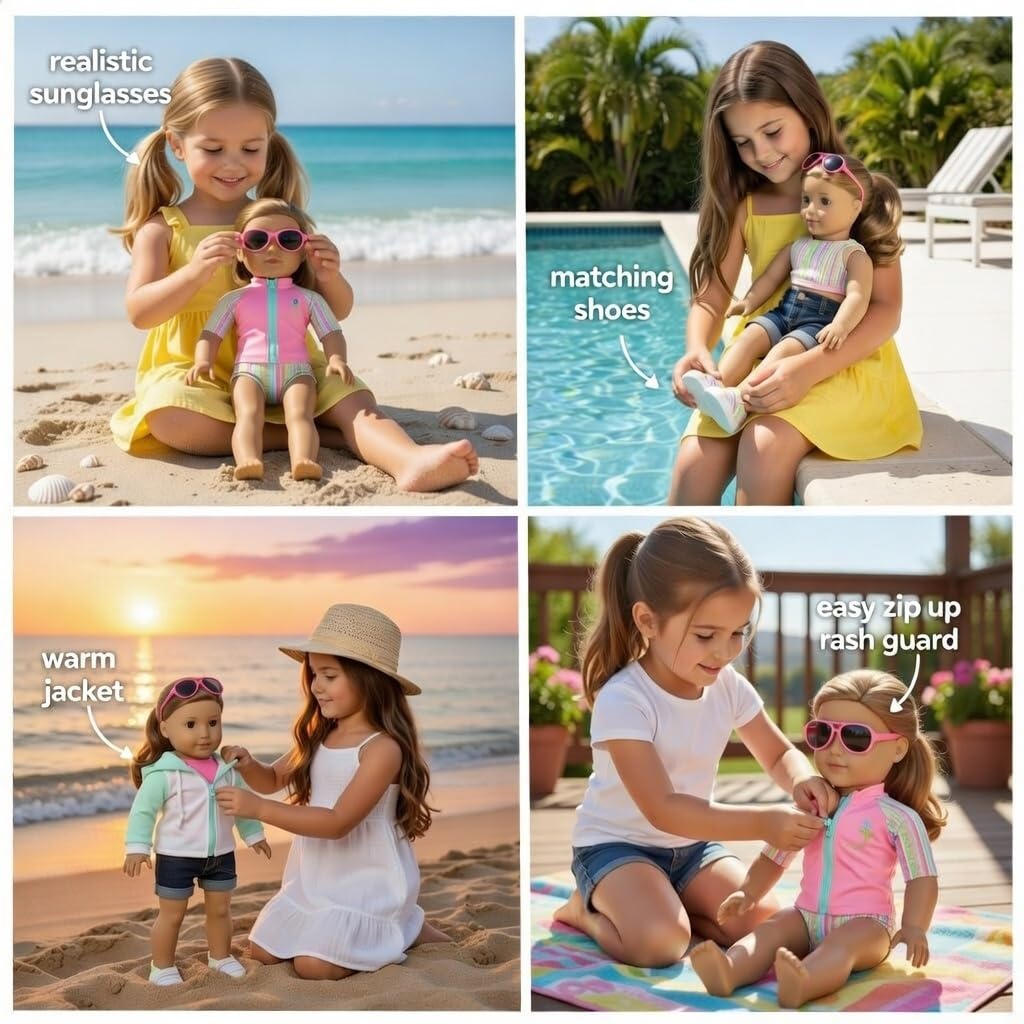 18 Inch Doll Swimsuit Set 7 Piece Beach Surfer Outfit - Emily Rose Rash Guard Denim Shorts Sunglasses Sandals - Doll NOT Included - Fits American Girl