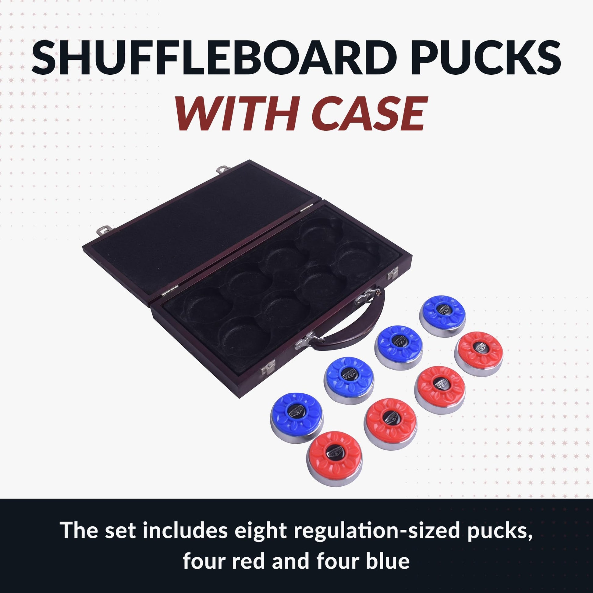 Hathaway Pro-Series Shuffleboard Puck Set - Set of 8 Regulation 2.312-in Pucks with Dimpled Tops, Beveled Edges & Wooden Storage Case - Red/Blue