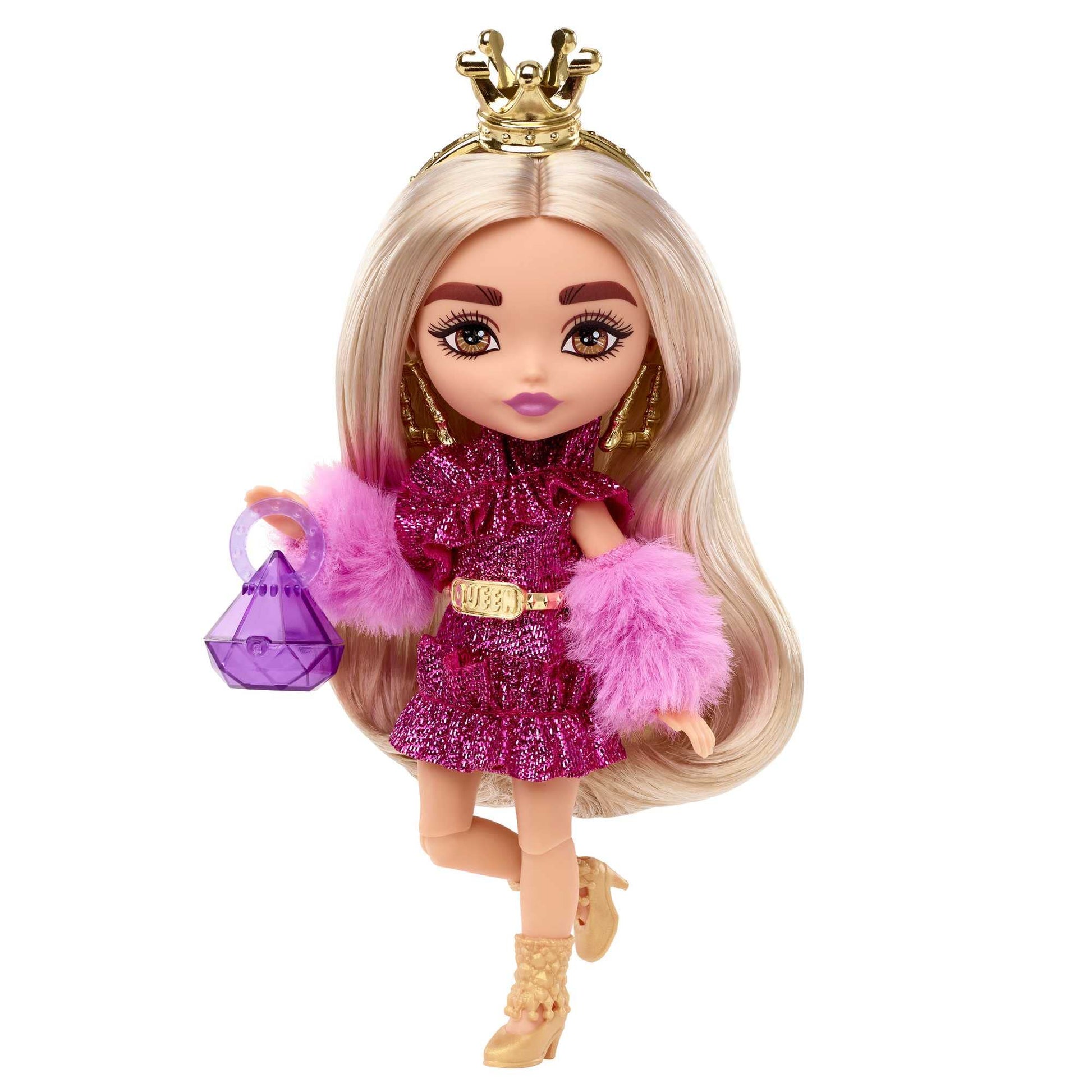 Barbie Extra Minis Doll & Accessories with Blonde Hair Wearing Shimmery Dress & Furry Shrug, 5.5-inch