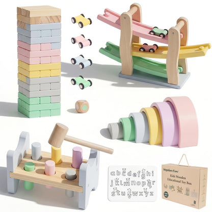 Montessori Kids Toys Play Kit, Wooden Toys Set with Tumbling Stacking Blocks, Track Racer, Silicone Alphabet Mat, Rainbow Stacker & Pounding Toy