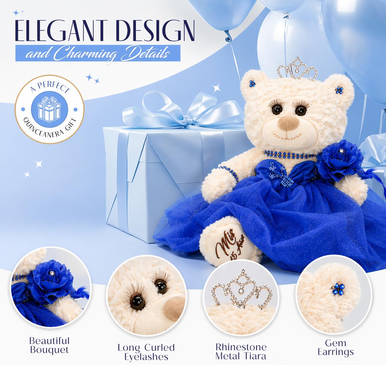 12" Quinceañera Bear Centerpiece Doll w/ Elegant Layered Tulle Dress, Adjustable Stand Included - Quinceanera Decorations Gift, Oso de Peluche para 15