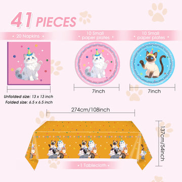 41Pcs Pet Cat Birthday Party Decorations,Colorful Kitten Birthday Plates and Napkins,Cat Party Table Covers Disposable Pet Dinnerware Decor Set