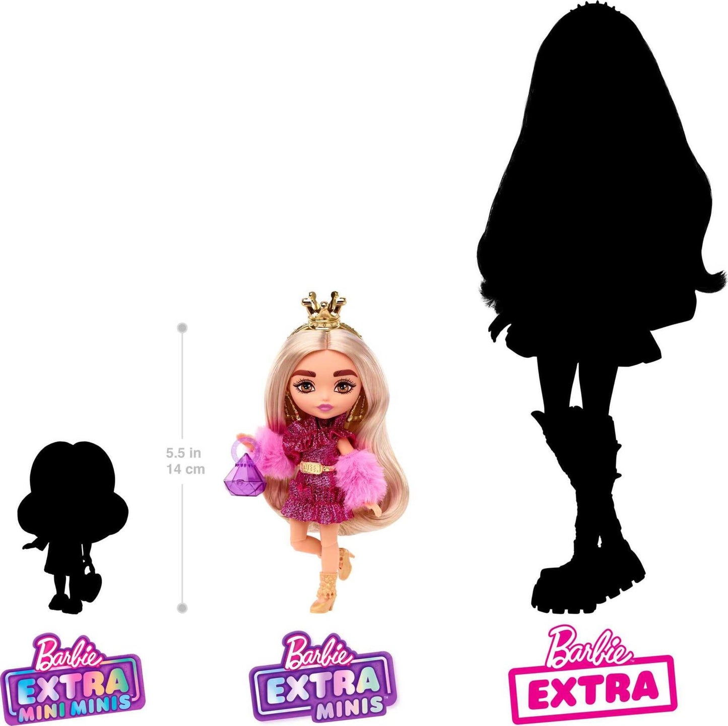 Barbie Extra Minis Doll & Accessories with Purple & Silver Hair Wearing Color-Block Hoodie Dress & Boots, 5.5-inch