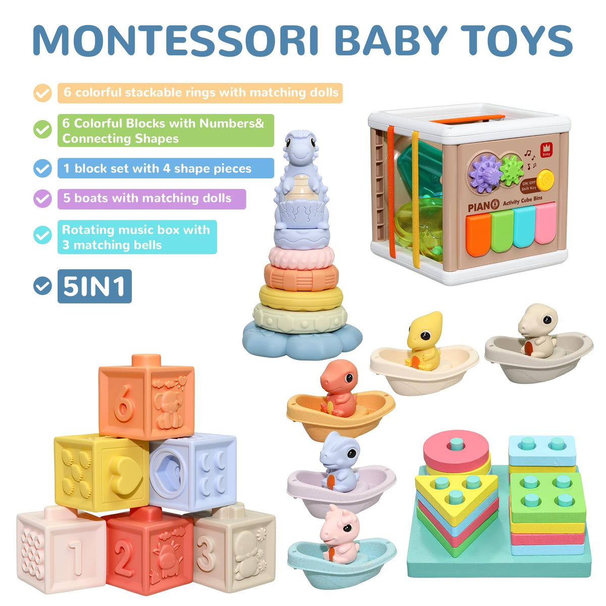 BFALSHB Baby Montessori Toys 6-12 Months, 5 in 1 Sensory Learning Set with Stacking Blocks, Shape Sorter, Bath Toys, Activity Cube, Dinosaur Stacker