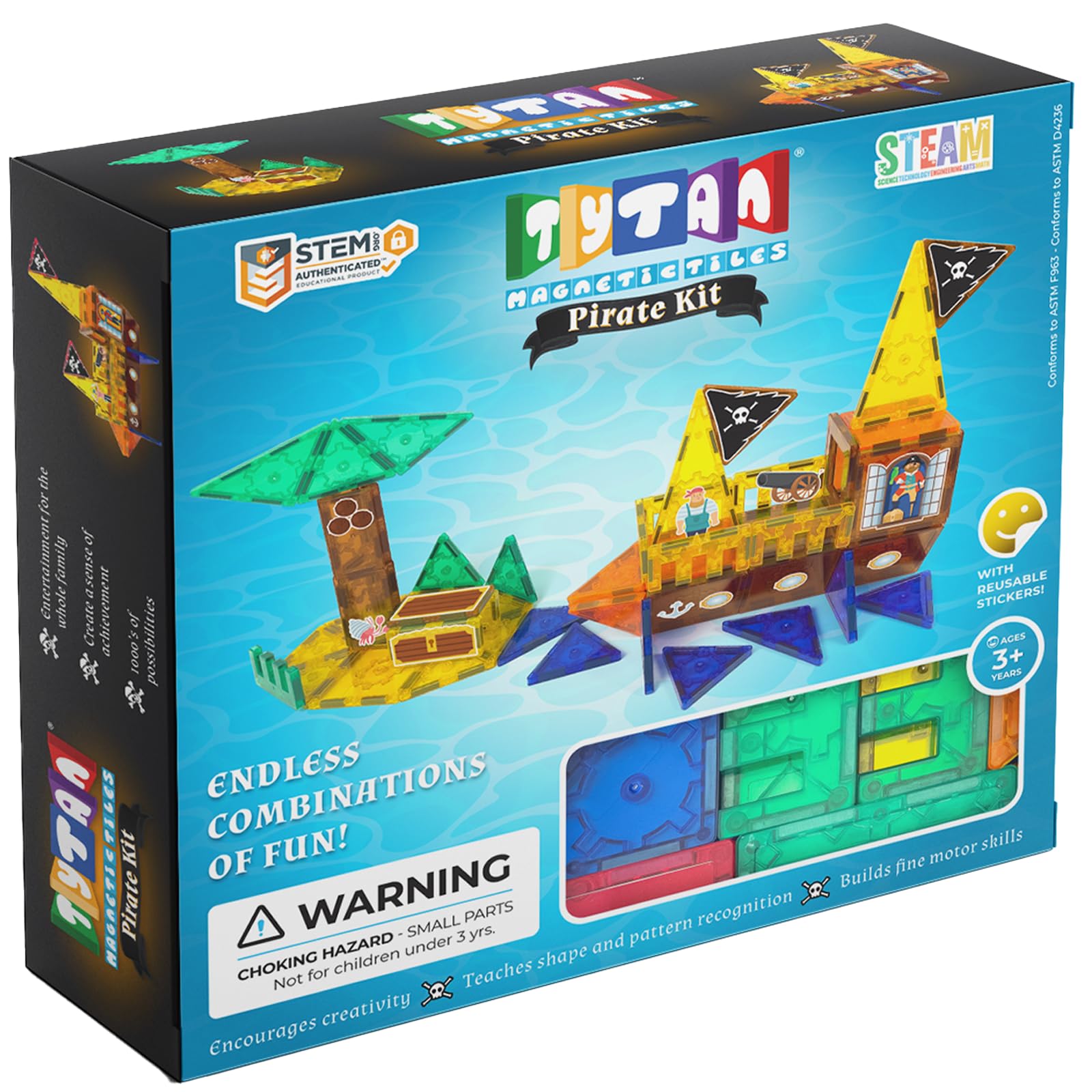 Tytan Tiles Pirate Ship & Island 60-Piece Magnetic Tiles Building Set, Fun Kids’ STEM Toy, Creative Play, Shape & Pattern Recognition, Fine Motor