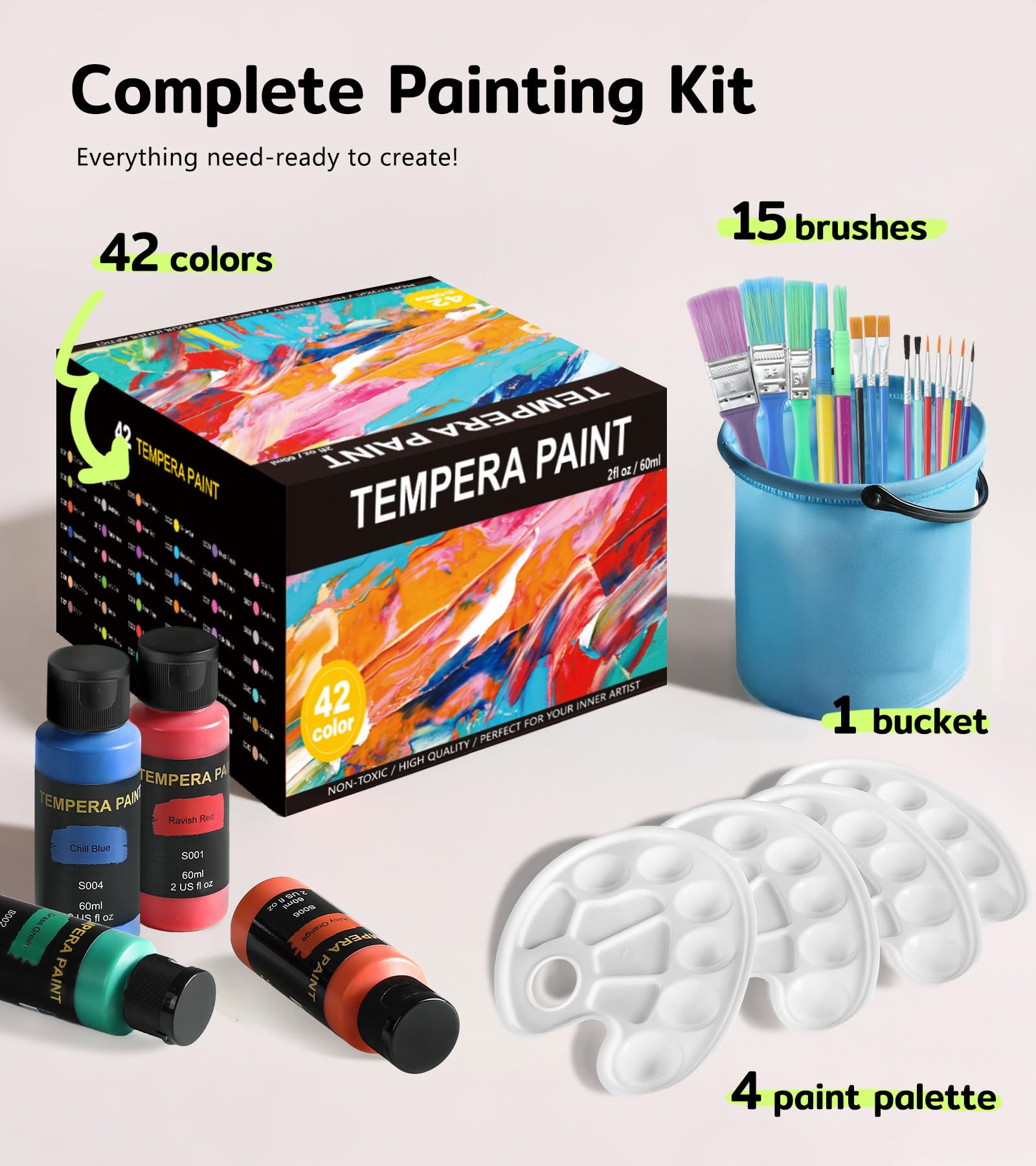 TMOL Washable Paint for Kids 42 Colors,Non-Toxic, Safe & Washable for Toddlers, Tempera Paint with Brushes, Palette & Bucket, School Project Art