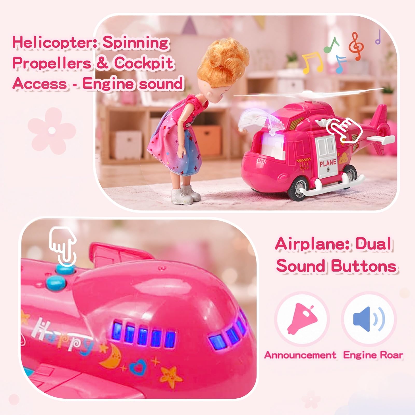 11-in-1 Pink Dream Travel Vehicles Playset Toys for Girls Age 3-6