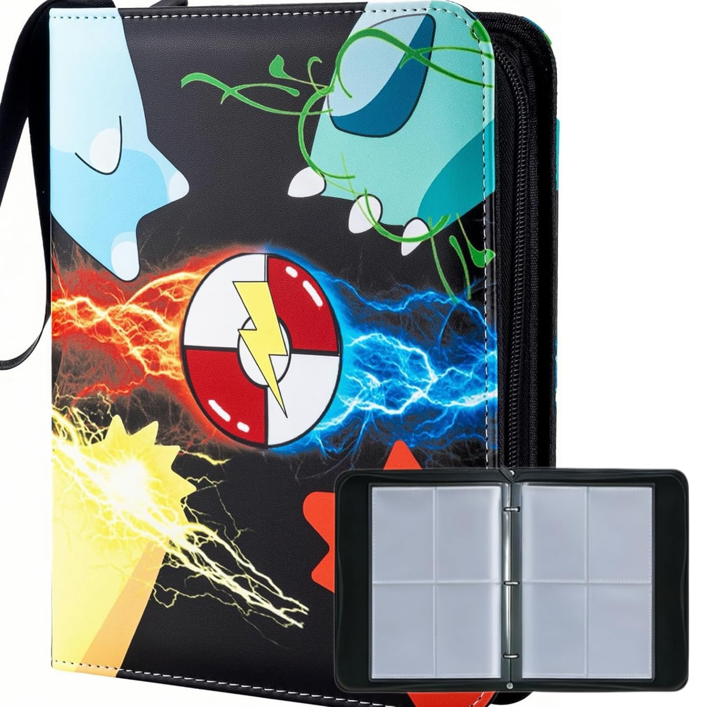 Card Binder 4 Pocket with Zipper, Trading Card Holder 50 Removable Sleeves - Holds 400 Cards, 3-Ring Album Case for Sports & Game Cards, Gift for Boys