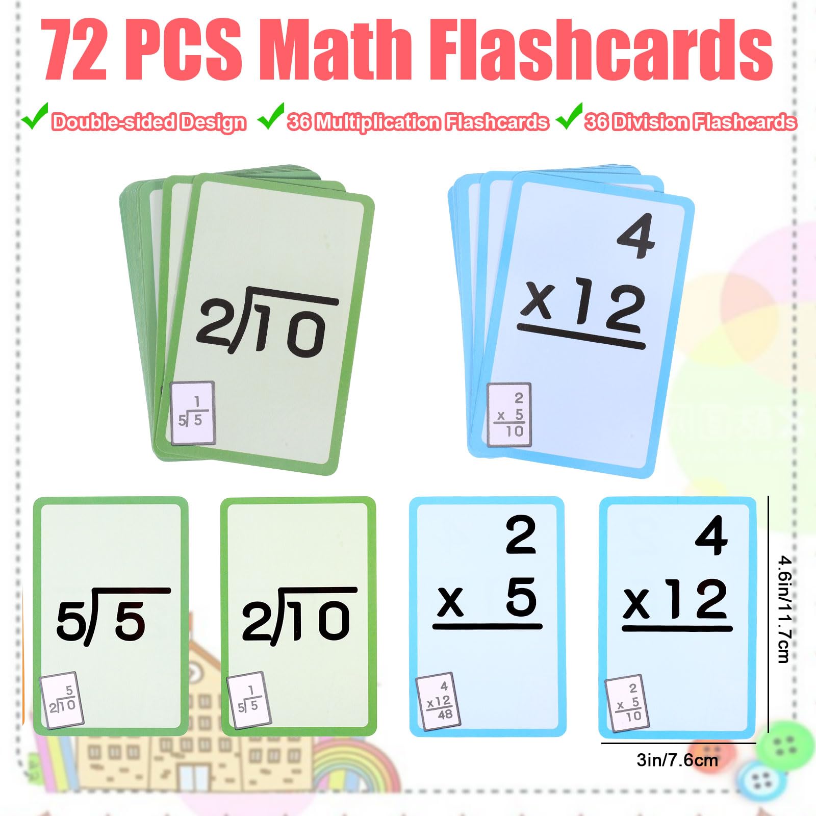 72 Pcs Math Flash Cards, Multiplication and Division Flash Cards for Studying, Math Manipulatives for Kindergarten Elementary Homeschool Classroom
