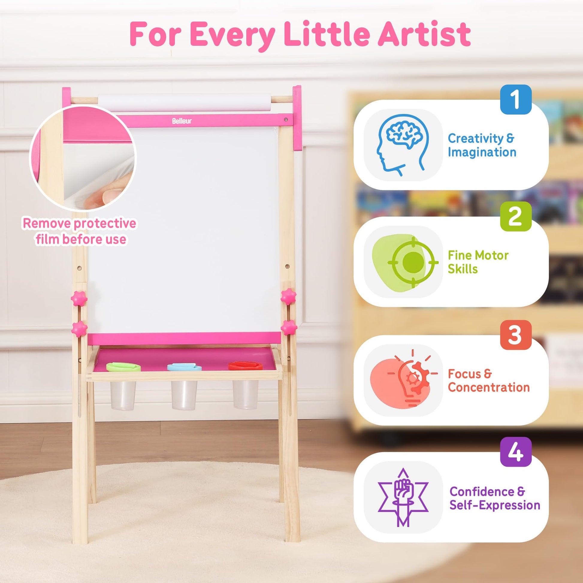 Belleur Wooden Art Easel for Kids 2+, Adjustable Double Sided Easel for Toddlers with Dry-Erase Board & Magnetic Whiteboard & Paper Roll Rod, 28"-40"
